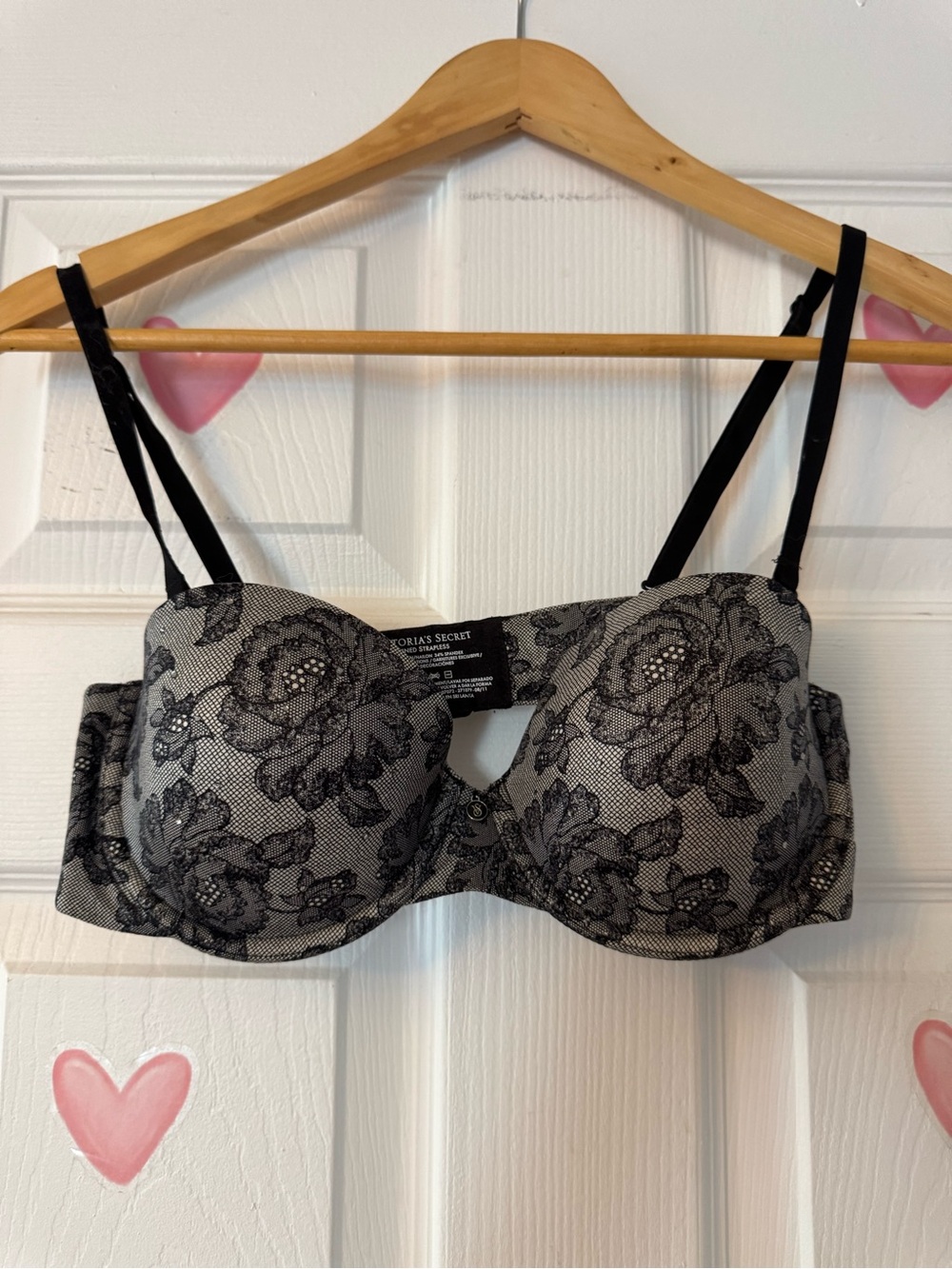Victoria's Secret Black Lace Lined Strapless Bra 34C